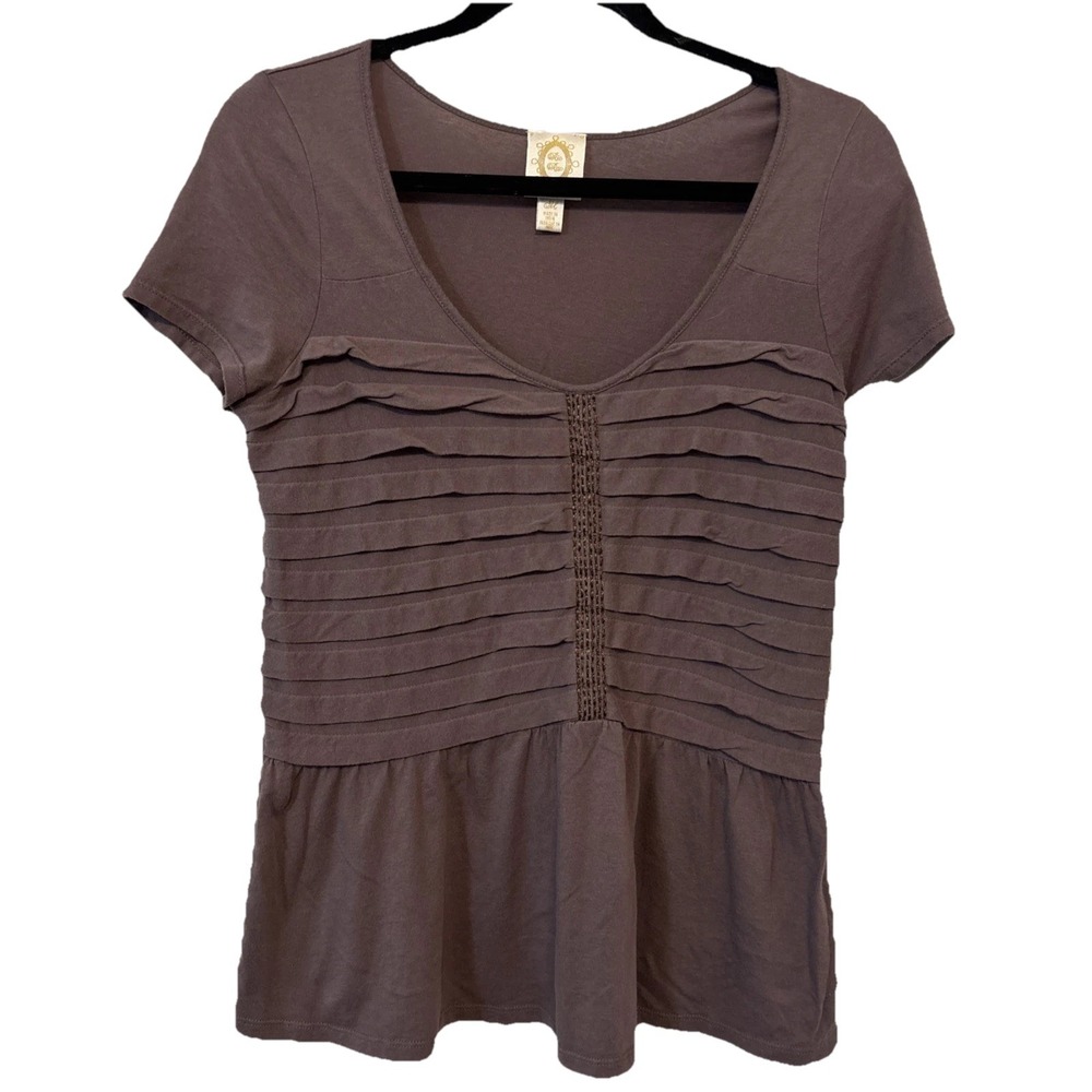 Rio Rao Anthropologie Womens Pleated Peplum Top Shirt Brown Mauve Cotton M